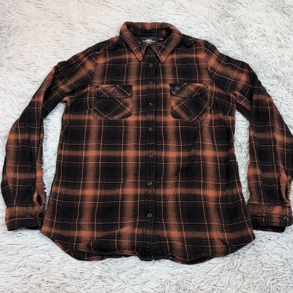 Harley Davidson‎ Shirt Womens L Brown Black Plaid Button Up Motorcycle Pockets